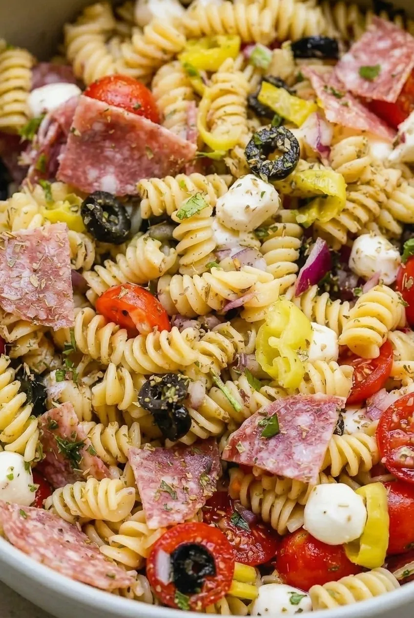 Close detail of Italian pasta salad showing glossy rotini, salami, mozzarella pearls, tomatoes, and herbs