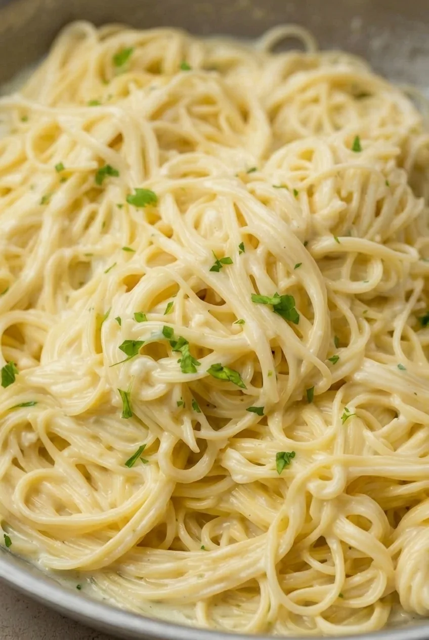 Close detail of glossy garlic Parmesan sauce clinging to spaghetti strands and parsley