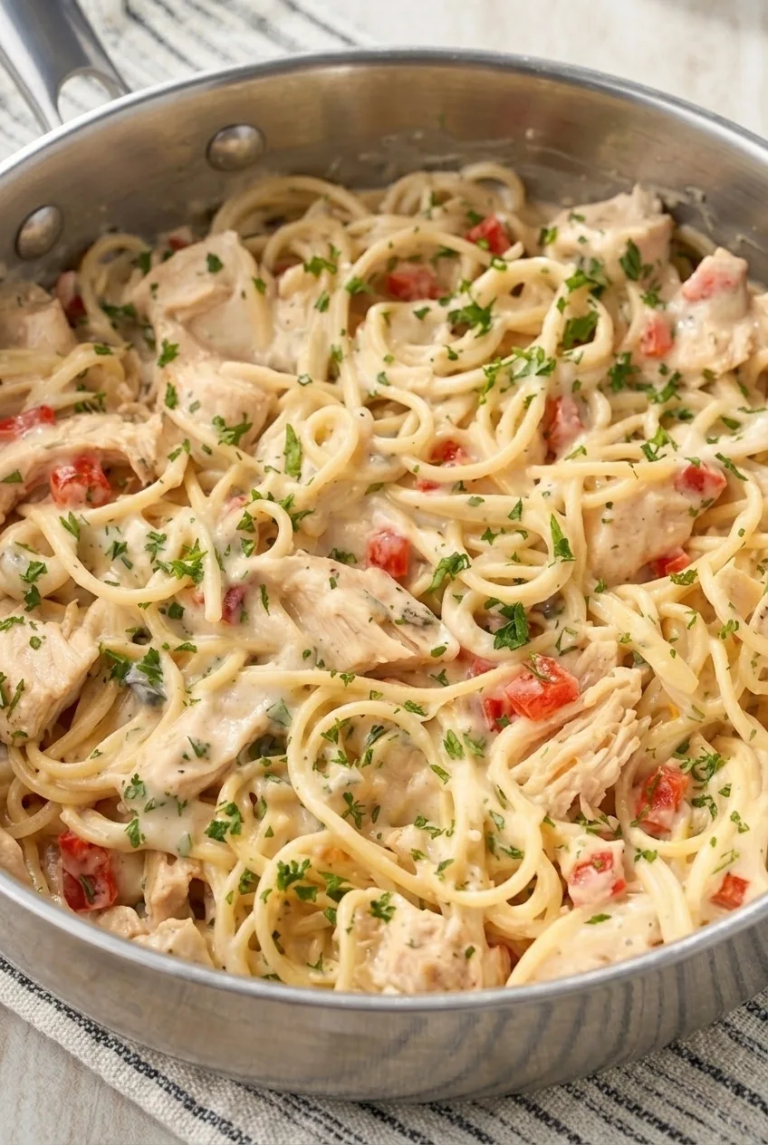 Close view of creamy chicken tetrazzini showing sauce-coated spaghetti, chicken, red pepper, and parsley