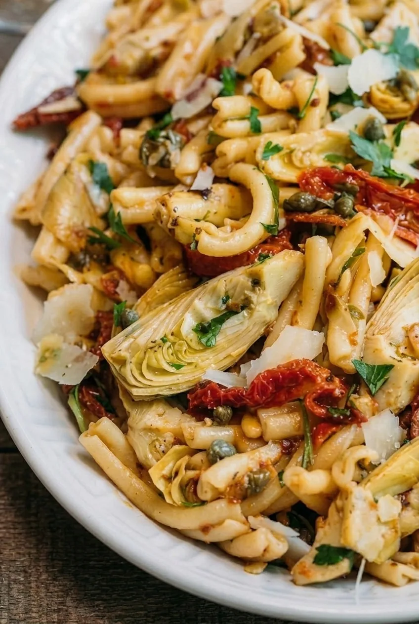 Close-up of Sun-Dried Tomato Pasta Salad showing glossy pasta, layered artichoke hearts, tomato strips, and Parmesan