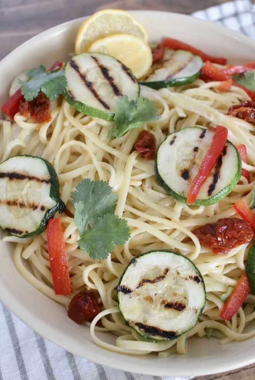 Close view of creamy lemon garlic linguine with Parmesan-coated strands, grilled zucchini marks and colorful vegetable toppings