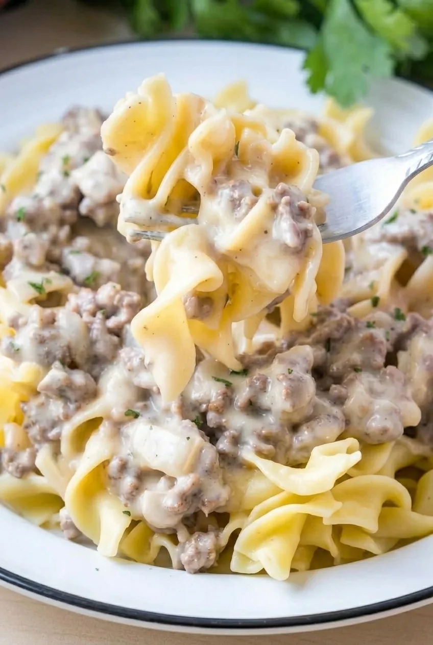 Close view of creamy stroganoff sauce and browned beef crumbles coating wide egg noodles