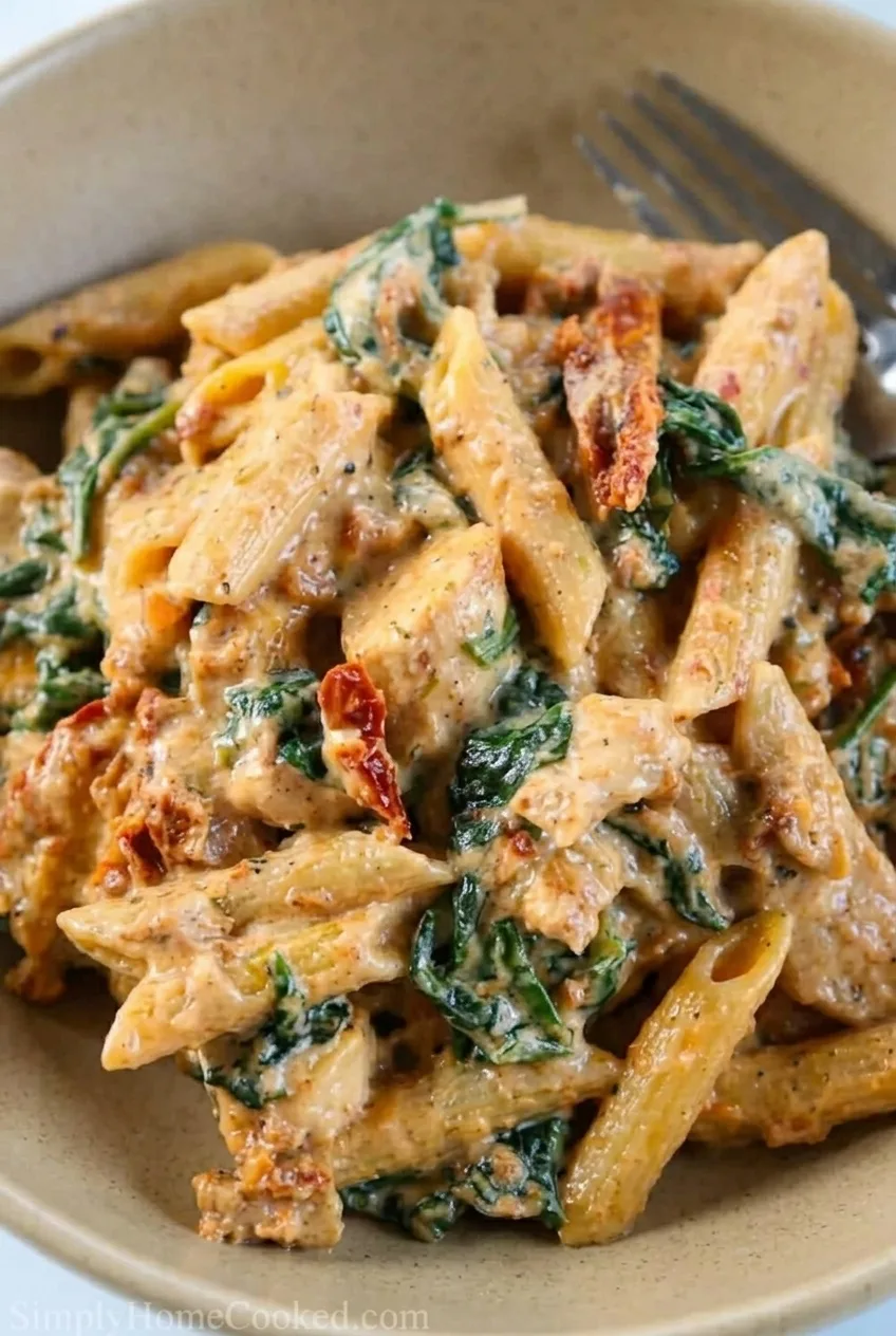 Close view of creamy penne coated in Parmesan sauce with chicken, wilted spinach, and sun-dried tomatoes.