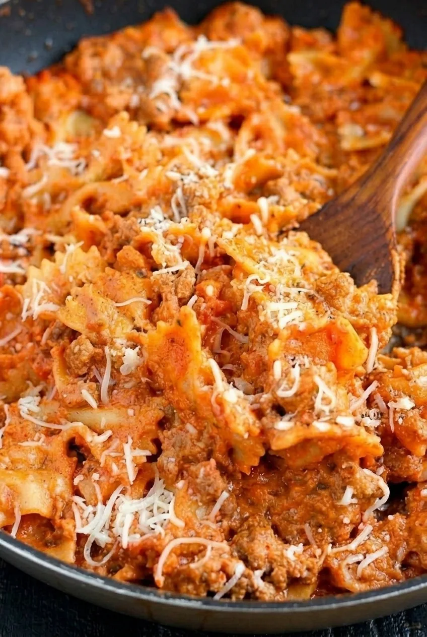 Close detail of bowtie pasta coated in creamy beef and tomato sauce with grated Parmesan