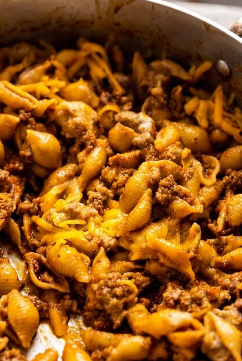 Close detail of taco pasta showing sauce-coated shell ridges, browned beef crumbles, and softened cheddar shreds.