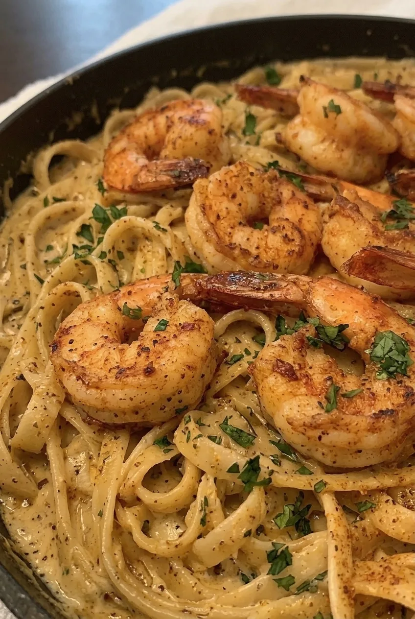 Close view of seared Cajun shrimp, parsley, and glossy cream sauce clinging to fettuccine