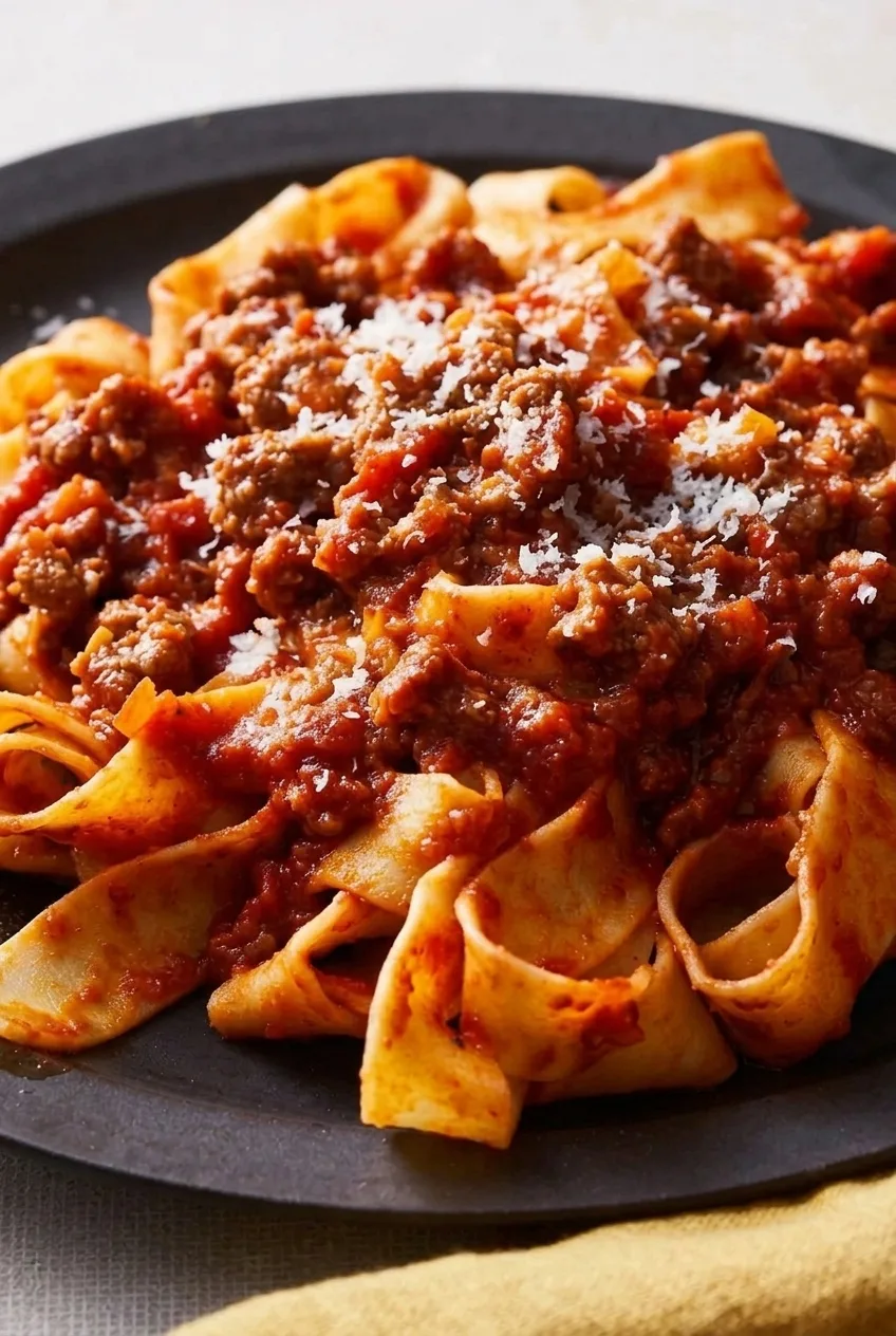 Close view of glossy Bolognese meat crumbles, Parmesan flecks, and folded pappardelle ribbons