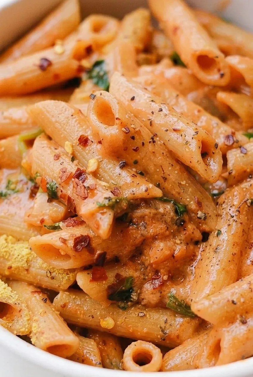 Close-up of creamy spicy vodka sauce clinging to ridged penne with basil and red pepper flakes