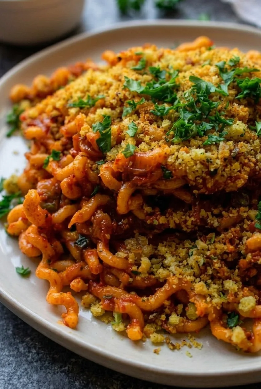 Close-up of glossy curly pasta, jammy onions, crisp golden breadcrumbs, and parsley