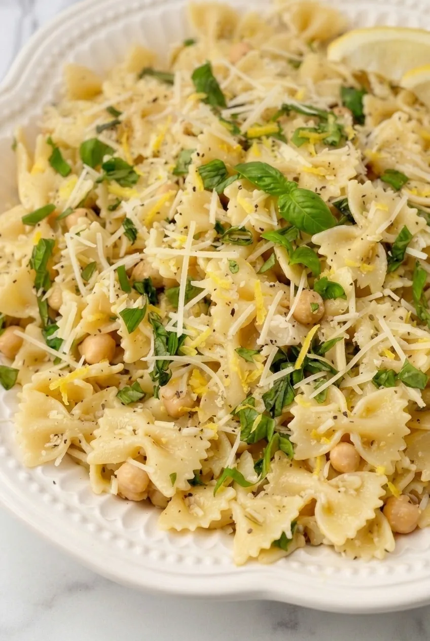 Close-up of farfalle and chickpeas with fresh basil, Parmesan strands, lemon zest, and pepper