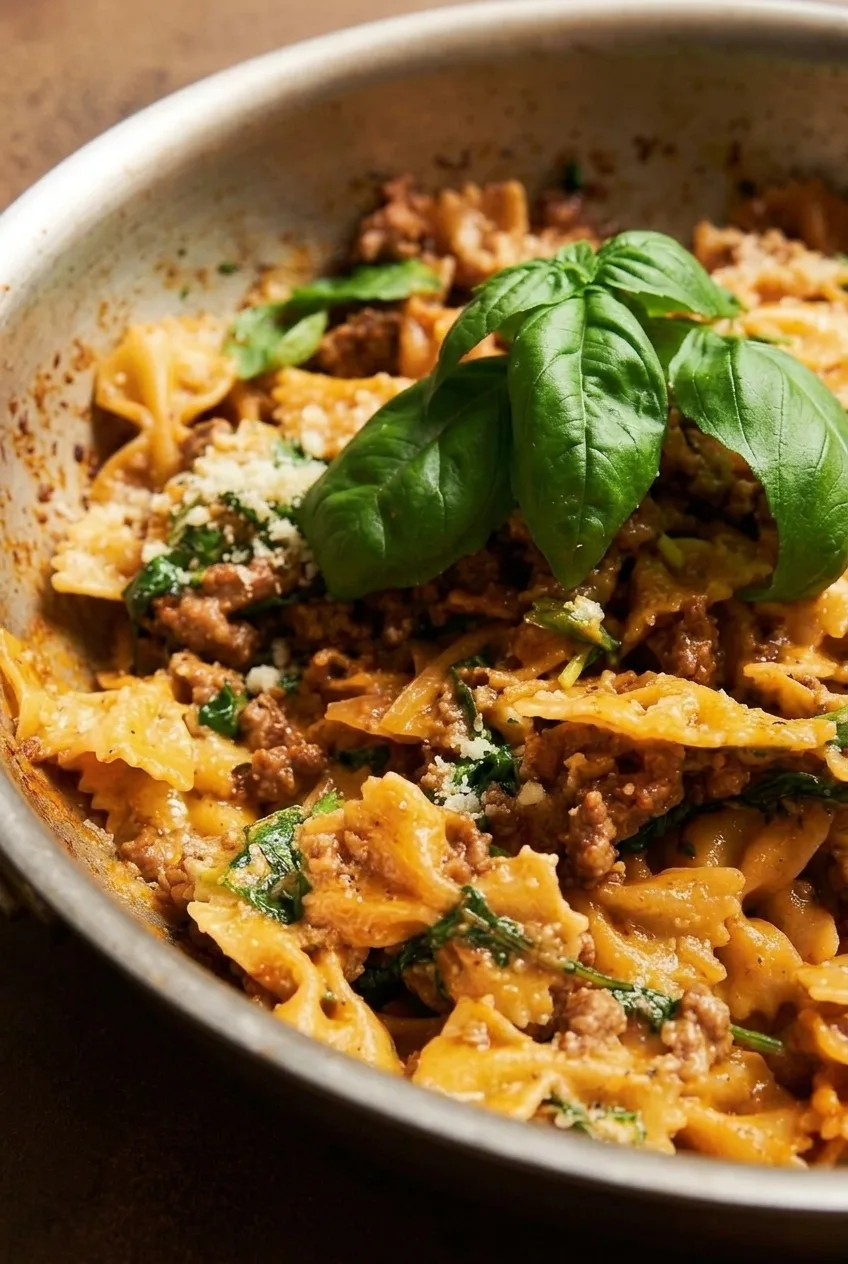 Close-up of creamy farfalle coated in sauce with browned sausage, wilted spinach, Parmesan, and basil