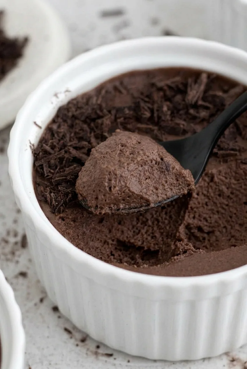 Close detail of a soft, airy spoonful of chocolate mousse beneath dark chocolate shavings.