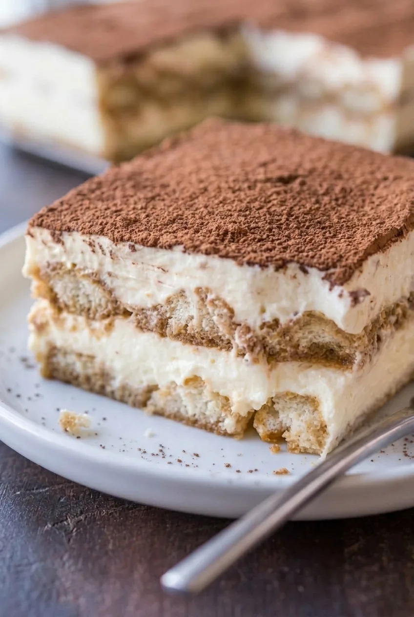 Close view of cocoa-dusted tiramisu showing pale mascarpone cream and coffee-soaked ladyfinger layers.