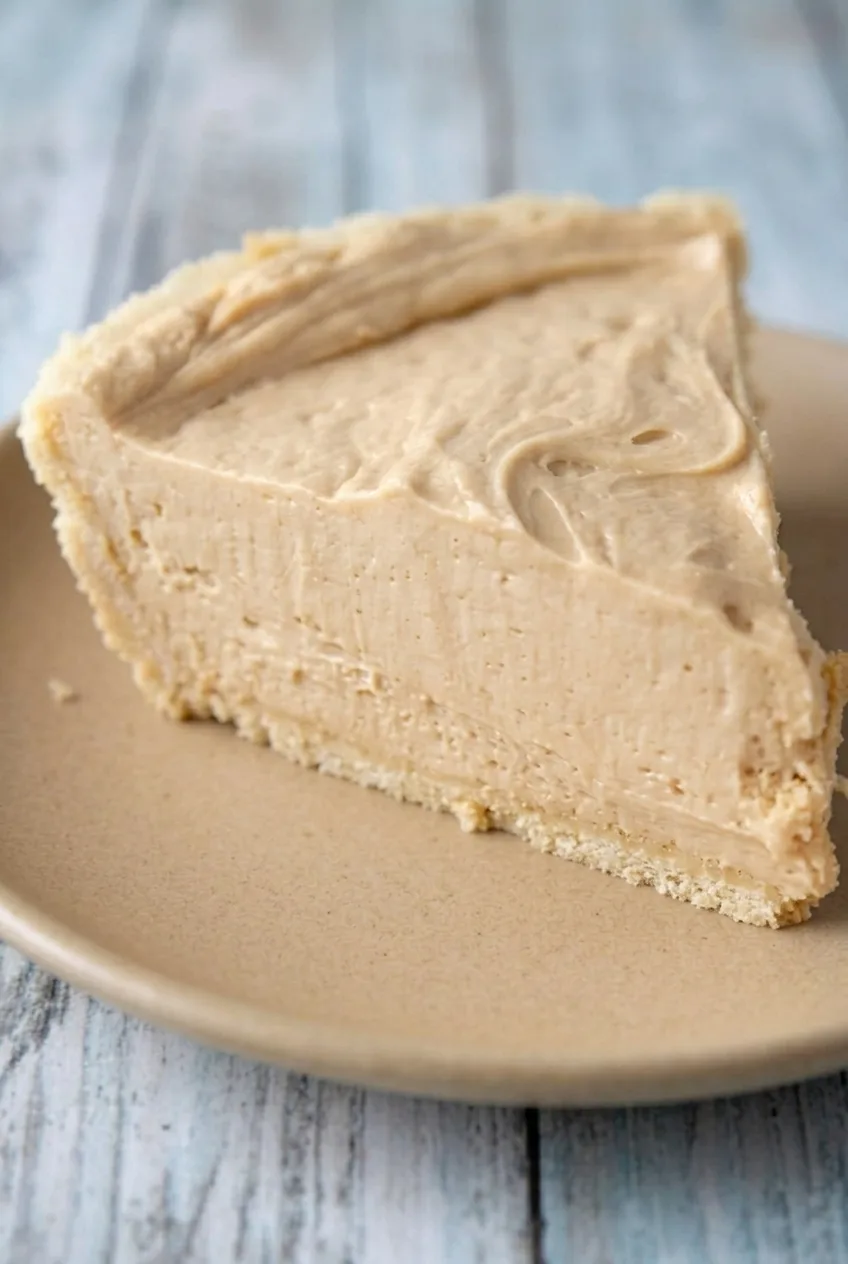 Close view of the creamy peanut butter pie filling, spatula-swept top, and thin crumb crust.