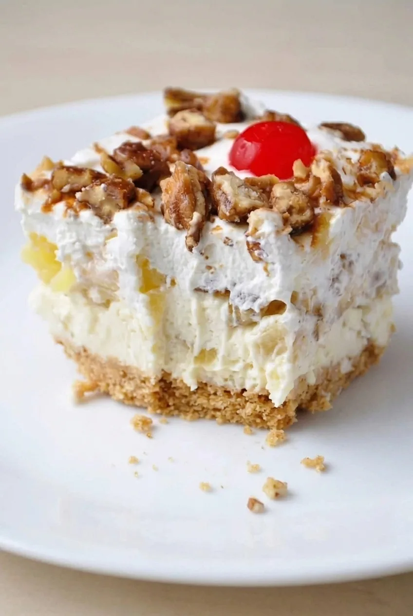 Close view of the banana split dessert’s graham crust and creamy banana-pineapple filling beneath whipped topping