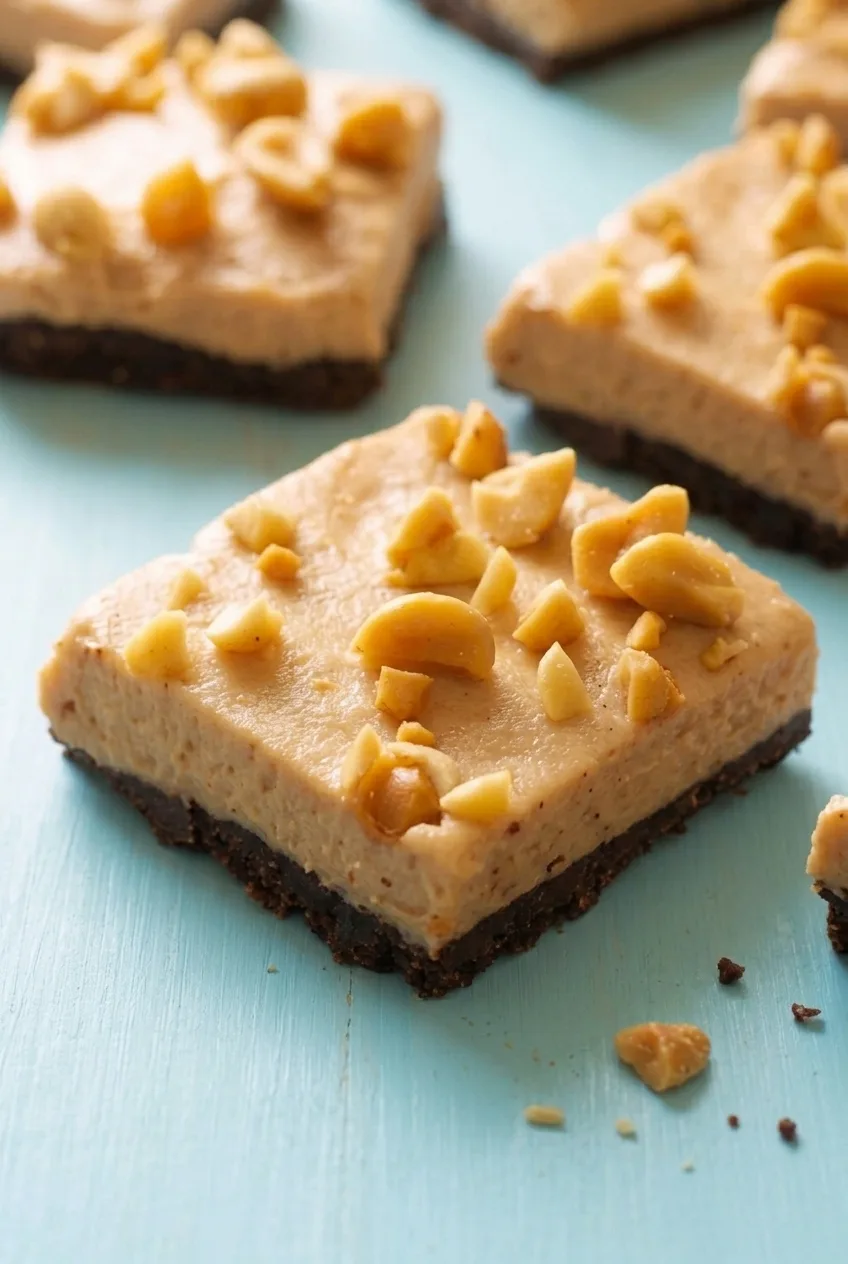 Close detail of a chocolate peanut butter bar showing its smooth top, chopped peanuts, and distinct dark base.