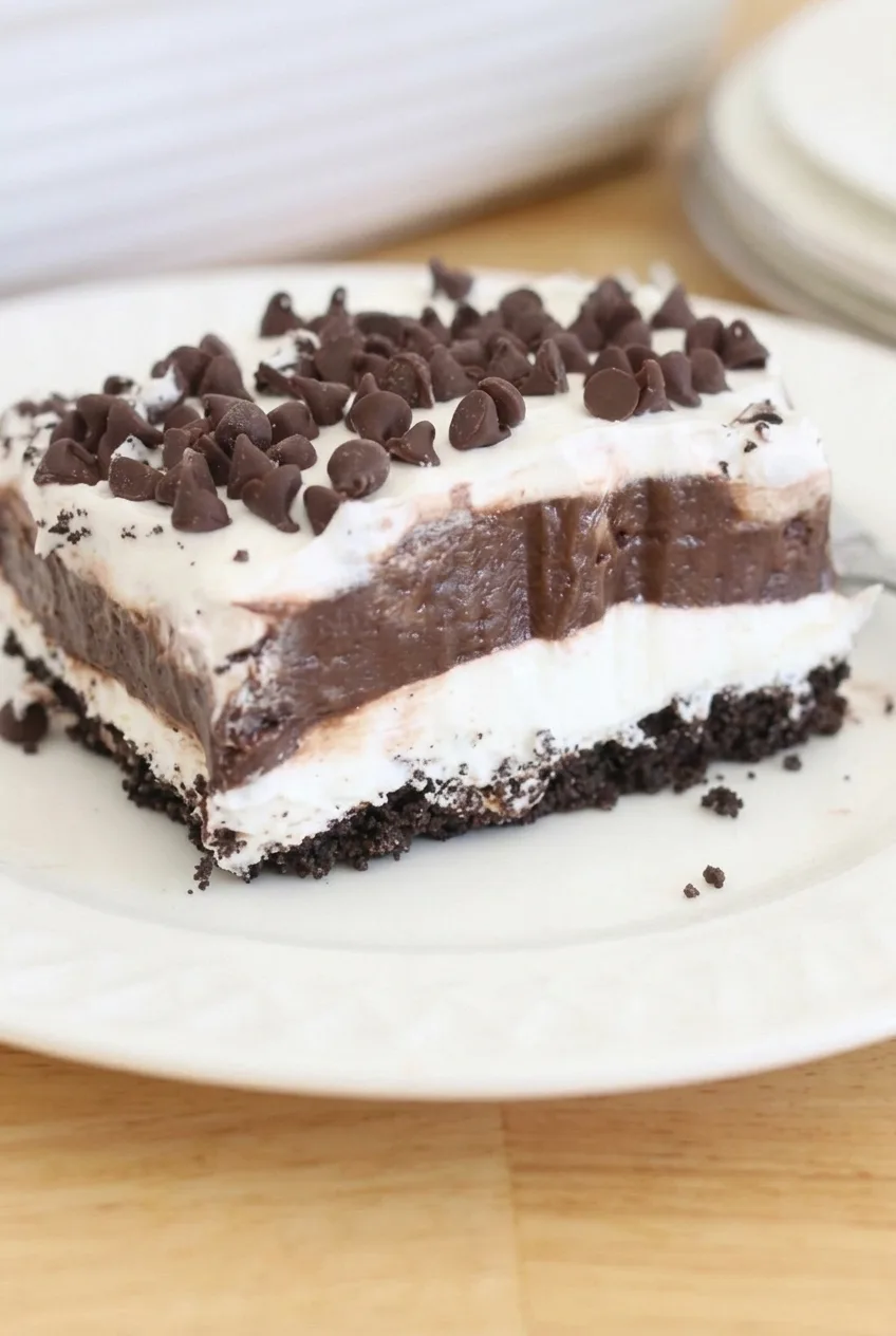 Close detail of Oreo dessert lasagna layers, with a compact crumb crust, smooth chocolate pudding, and mini chips.