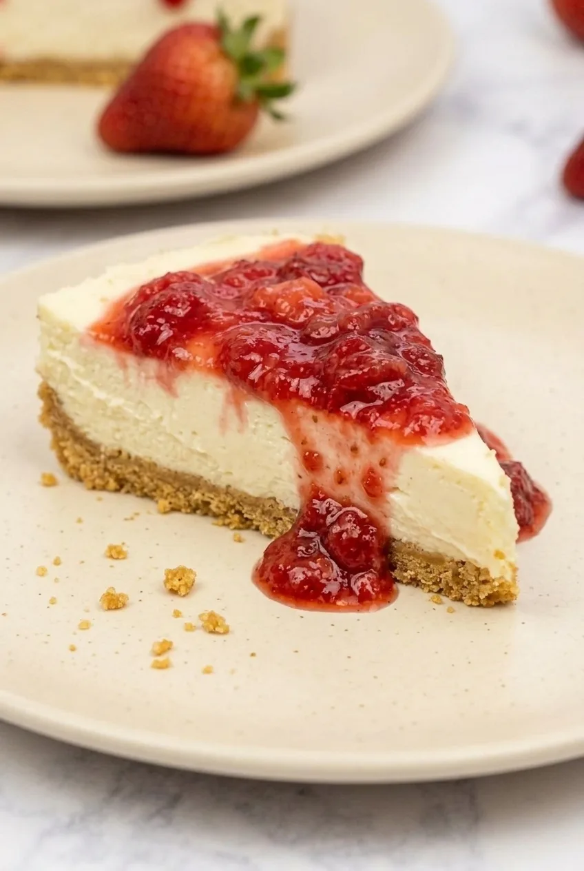 Close view of the cheesecake’s smooth filling, compact graham crust, and chunky strawberry topping
