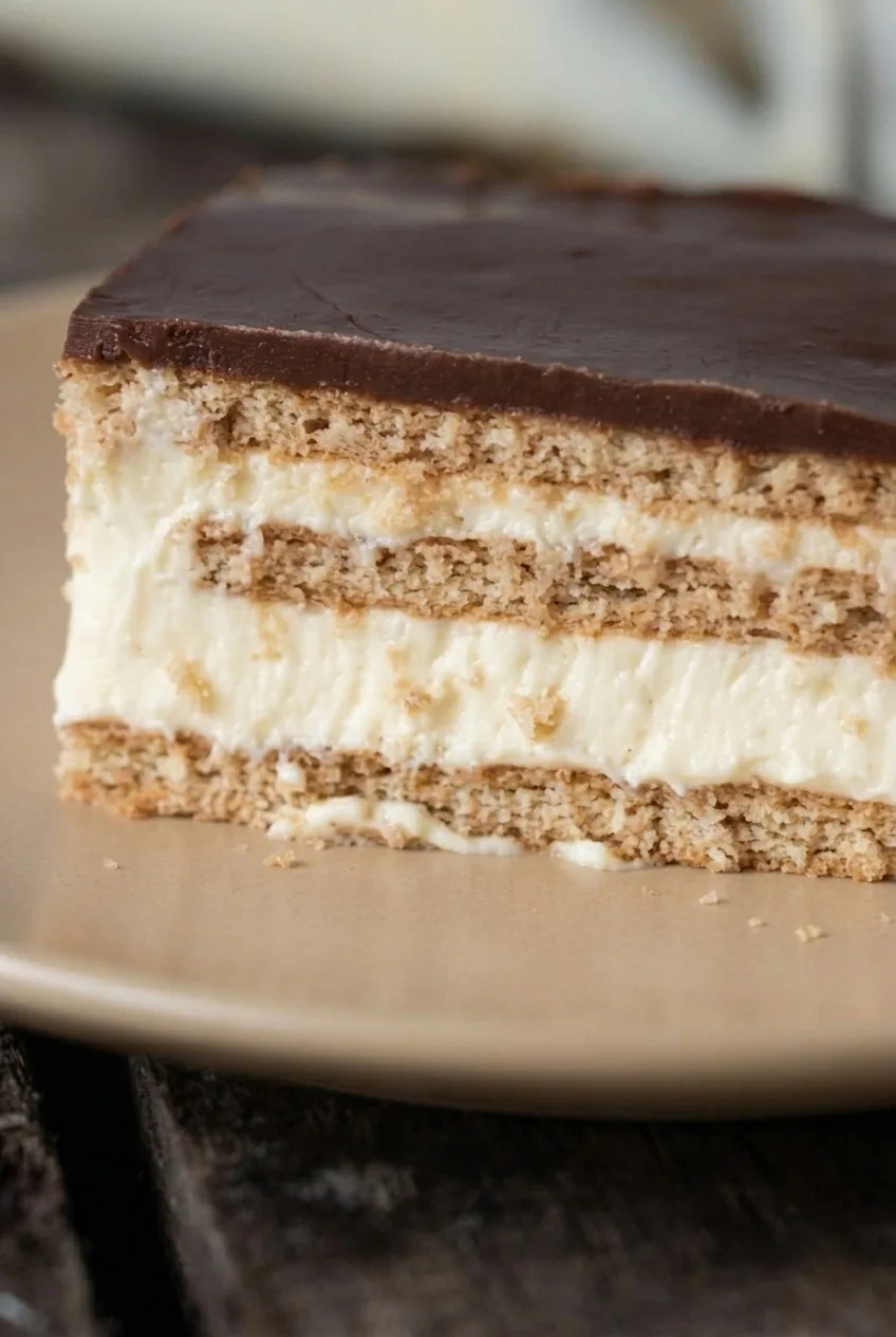 Close view of the éclair cake’s softened graham cracker layers, creamy vanilla filling, and smooth chocolate topping.