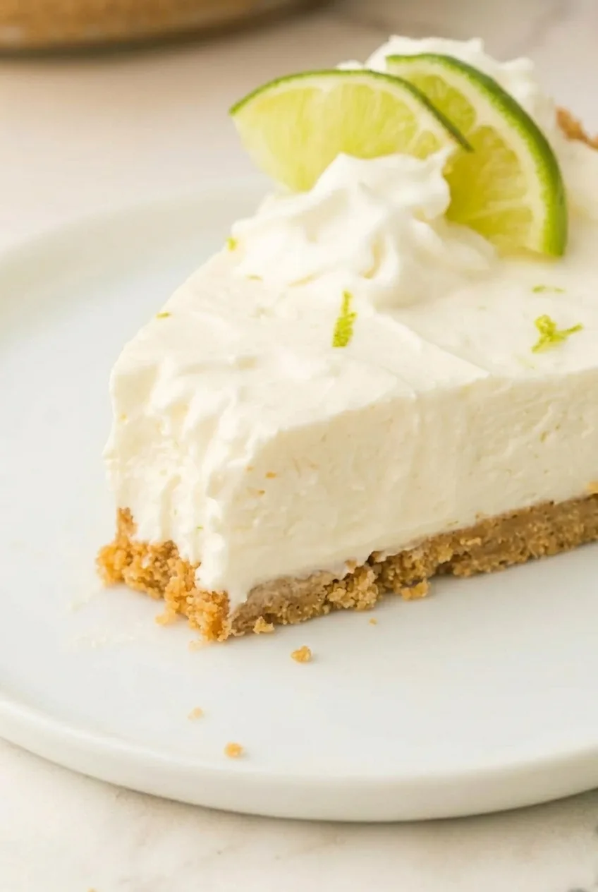 Close view of the creamy key lime pie filling and crumbly graham cracker crust