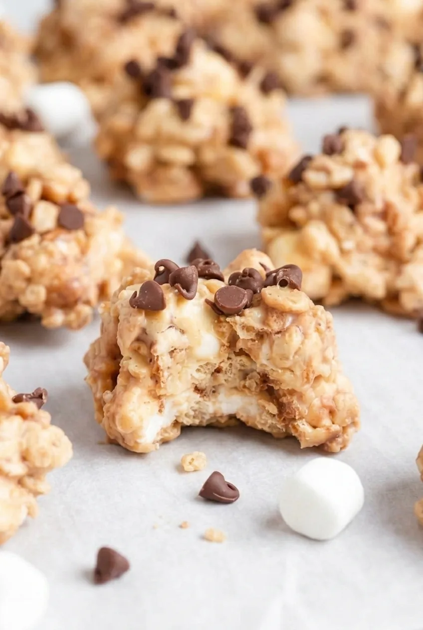 Close view of a broken No-Bake Avalanche Cookie showing its crispy cereal and marshmallow interior
