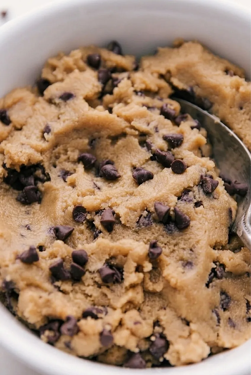 Close view of the soft, craggy cookie dough texture and embedded chocolate chips