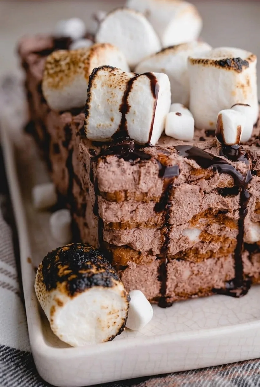 Close view of the s’mores icebox cake’s softened graham cracker layers and creamy chocolate-marshmallow filling.