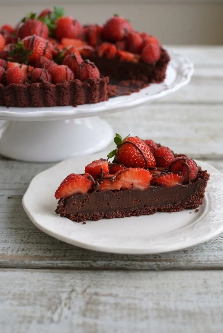 Close view of a no-bake chocolate tart slice showing dark ganache, crumb crust, berries, and chocolate drizzle.