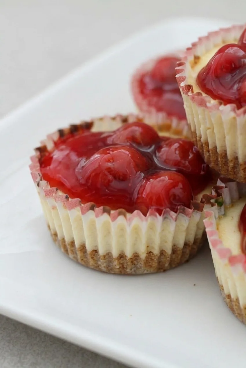 Close view of a cherry cheesecake cup showing its creamy filling, glossy cherries, and graham crust
