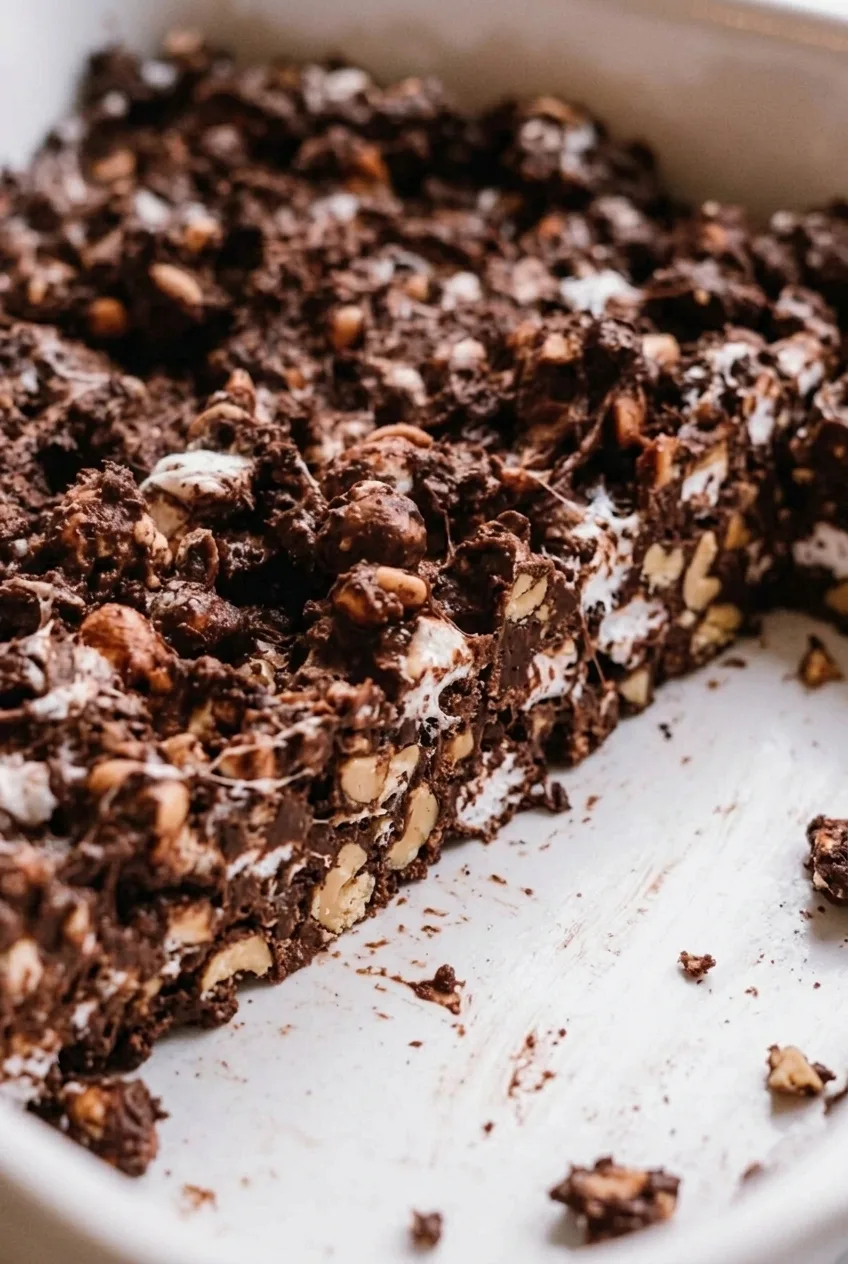Close detail of No-Bake Rocky Road Bars showing peanut pieces and distinct marshmallow pockets in the chocolate.