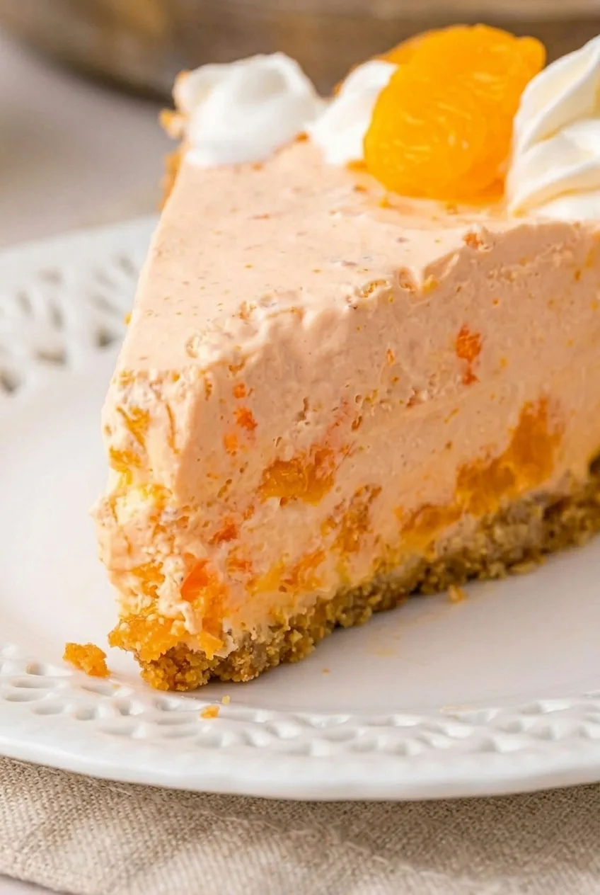 Close view of the creamy mandarin-speckled filling and crumbly graham crust of orange creamsicle pie.