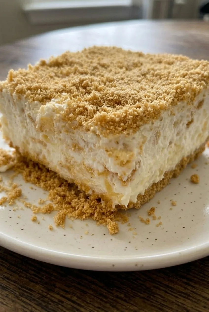 Close view of No-Bake Pineapple Delight showing its creamy pineapple flecks and buttery crumb layers.