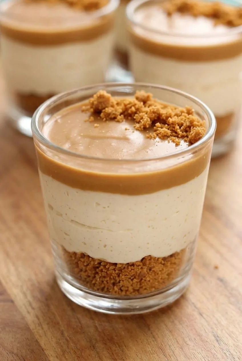 Close detail of a cookie butter cheesecake cup showing its crumb base, creamy filling, and caramel topping