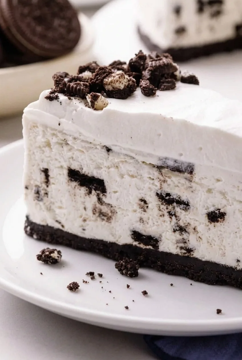 Close view of the Oreo cheesecake's dark crust, cookie-studded cream filling, and thick whipped topping.