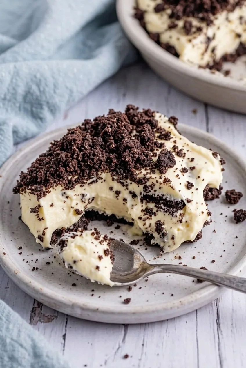 Close detail of Oreo dirt cake showing coarse chocolate crumbs and soft vanilla filling between the layers.