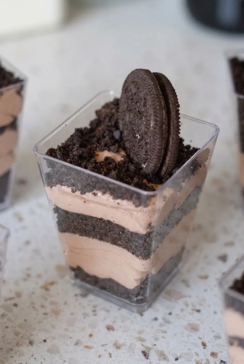 Close view of an Oreo pudding cup showing fluffy chocolate filling, dark crumb layers, and an upright cookie.