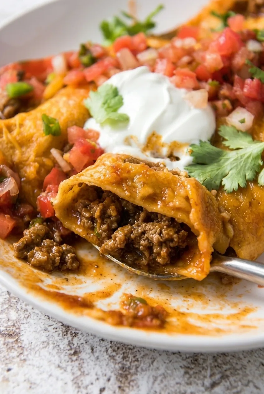 Close detail of a beef enchilada opened to show its crumbled filling beneath red sauce and melted cheese.