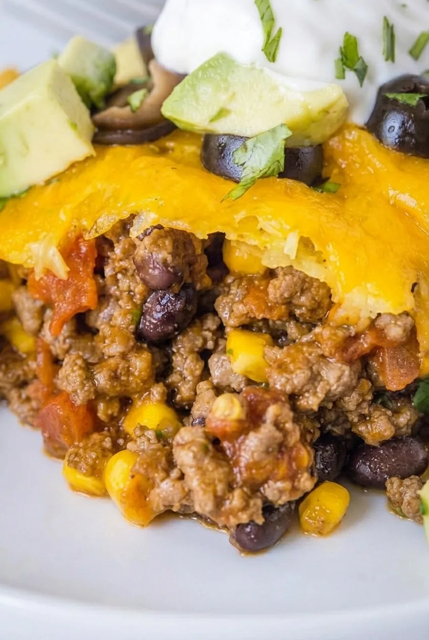 Close-up of the taco casserole's chunky beef, black beans, corn, and tomato beneath melted cheddar and fresh toppings.