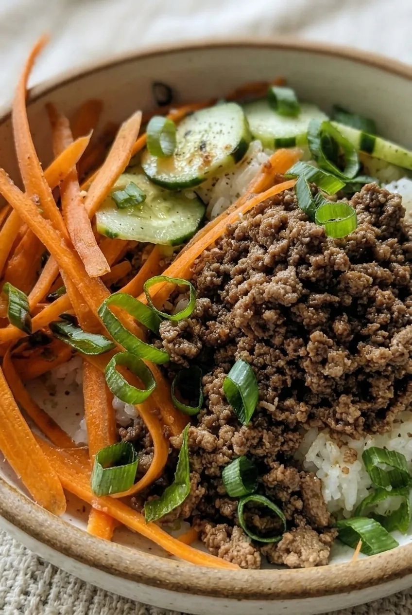 Close view of glossy ground beef crumbles, white rice, carrot ribbons, cucumber, and green onion
