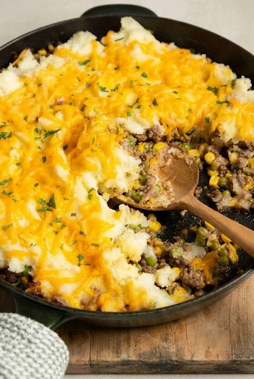 Close detail of melted cheddar and rustic mashed potatoes above the beef, peas, and corn filling