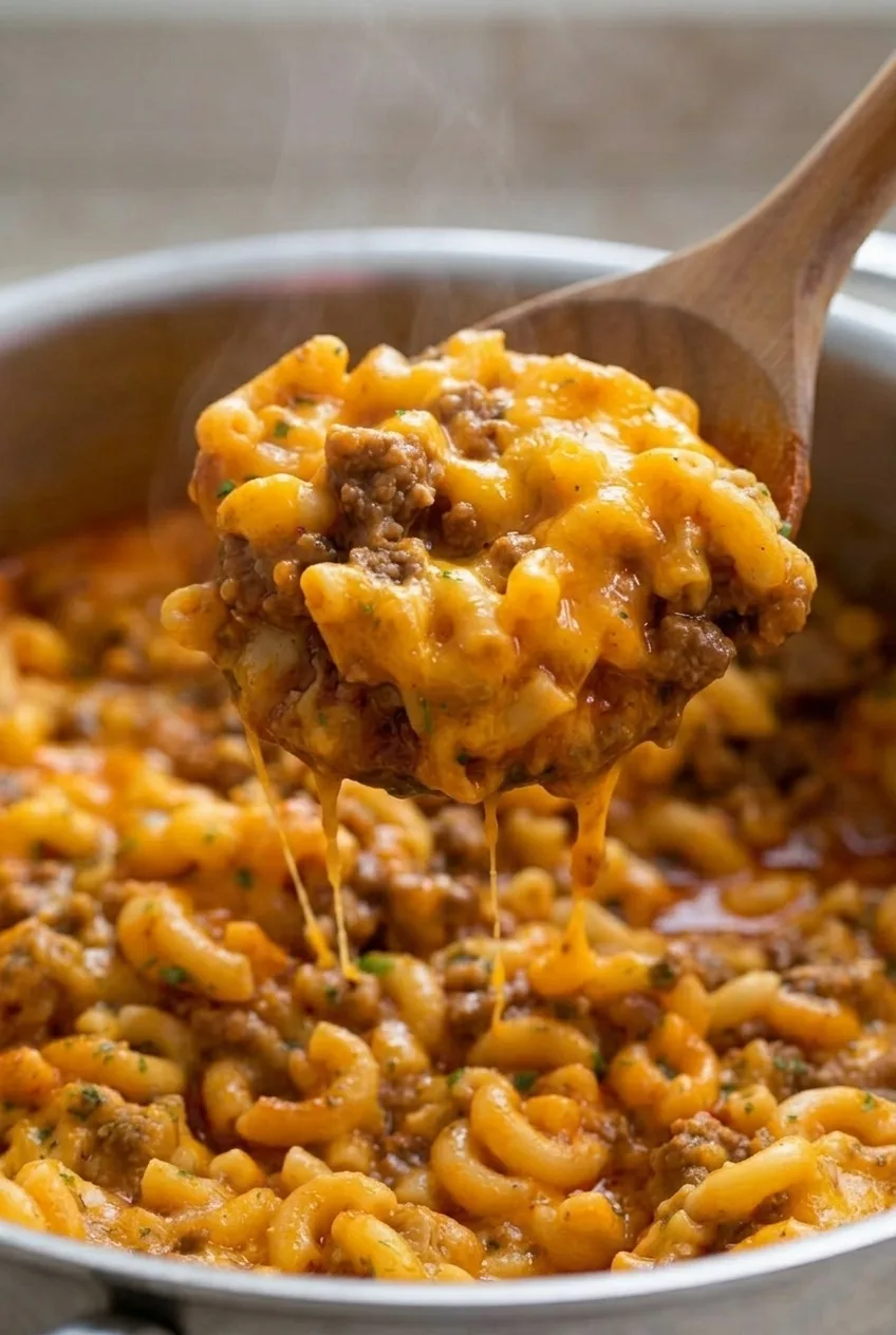 Close-up of cheesy Homemade Beefaroni showing glossy tomato sauce, elbow macaroni, and browned beef crumbles