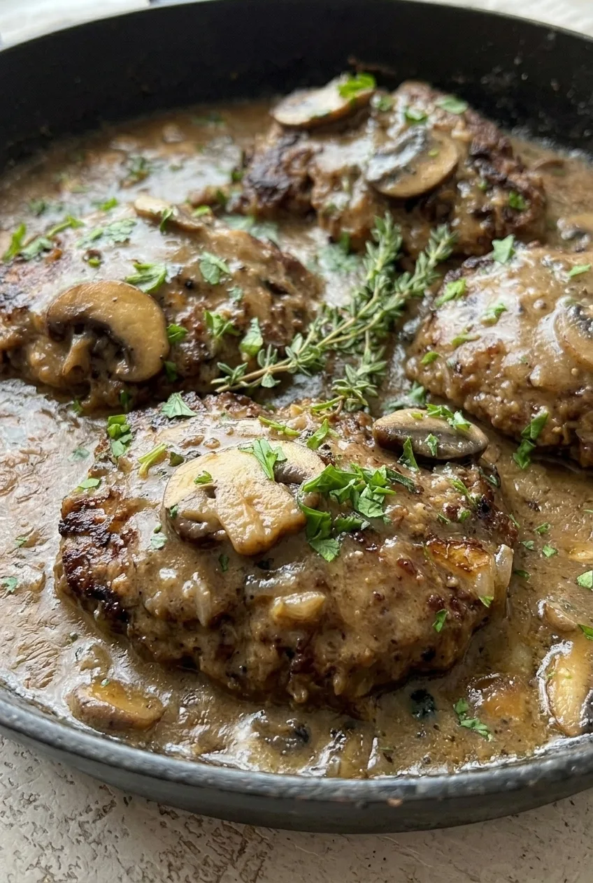 Close detail of browned Salisbury steak, sliced mushrooms, glossy gravy, parsley, and thyme.
