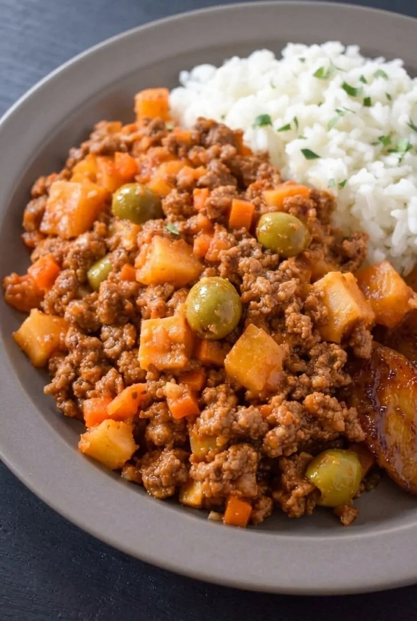 Close view of Cuban beef picadillo showing saucy beef crumbles, tender potatoes, carrots, and whole green olives
