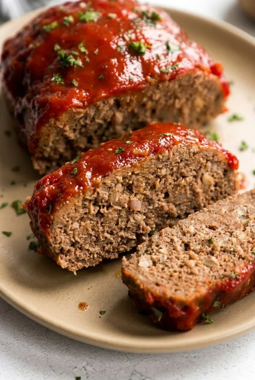 Close view of a glazed meatloaf slice showing its tender, finely textured beef interior and parsley flecks