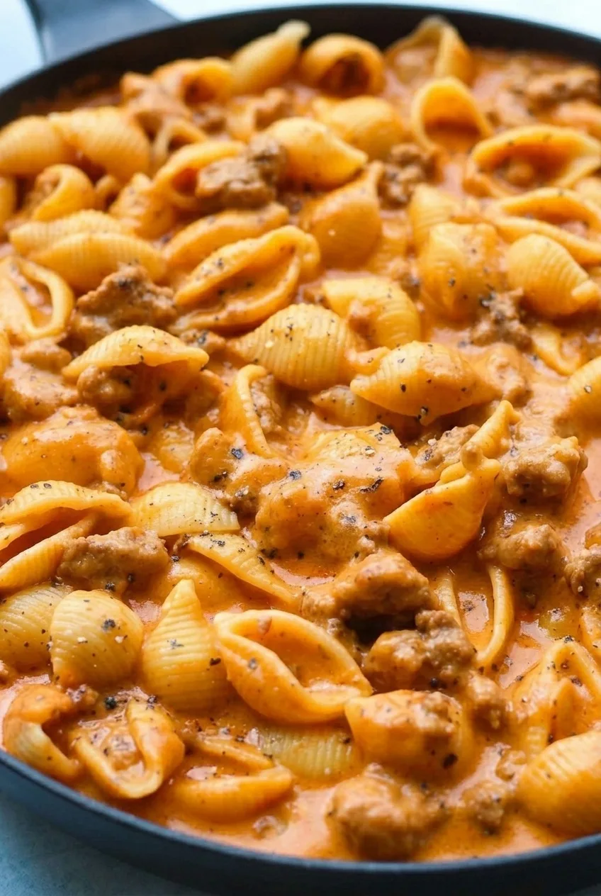 Close detail of ridged pasta shells, browned beef crumbles, and creamy orange sauce.