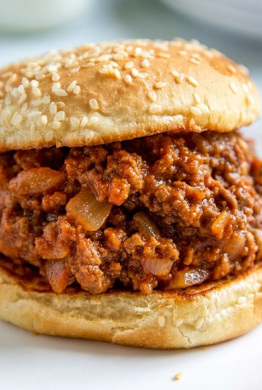 Close view of thick sloppy joe beef crumbles and onion beneath a sesame-seed bun.