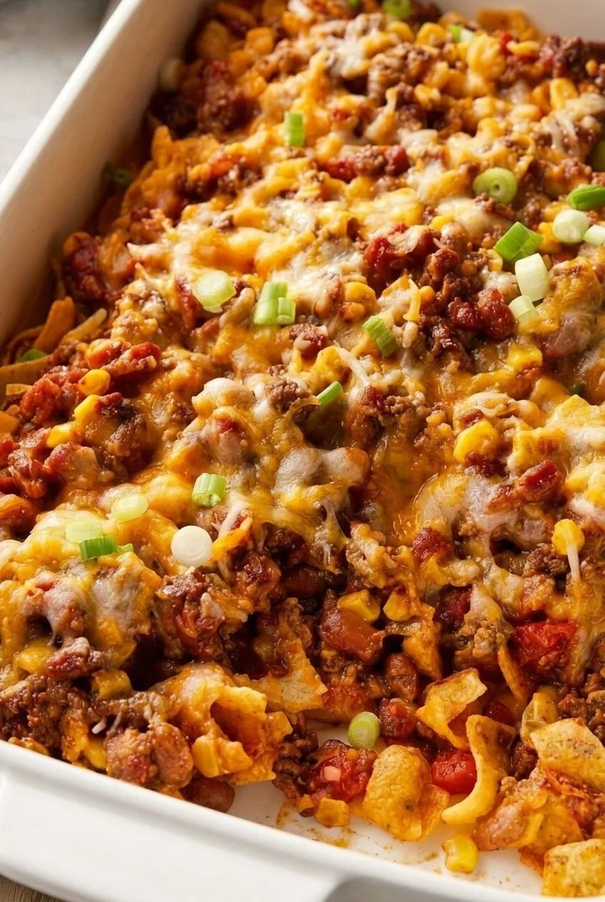 Close-up of walking taco casserole showing chunky beef, beans, corn chips, melted cheese, and scallions