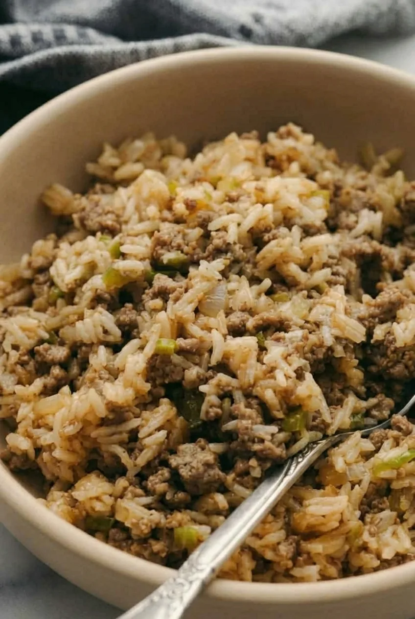Close detail of ground beef dirty rice showing distinct rice grains, browned beef, and softened vegetables