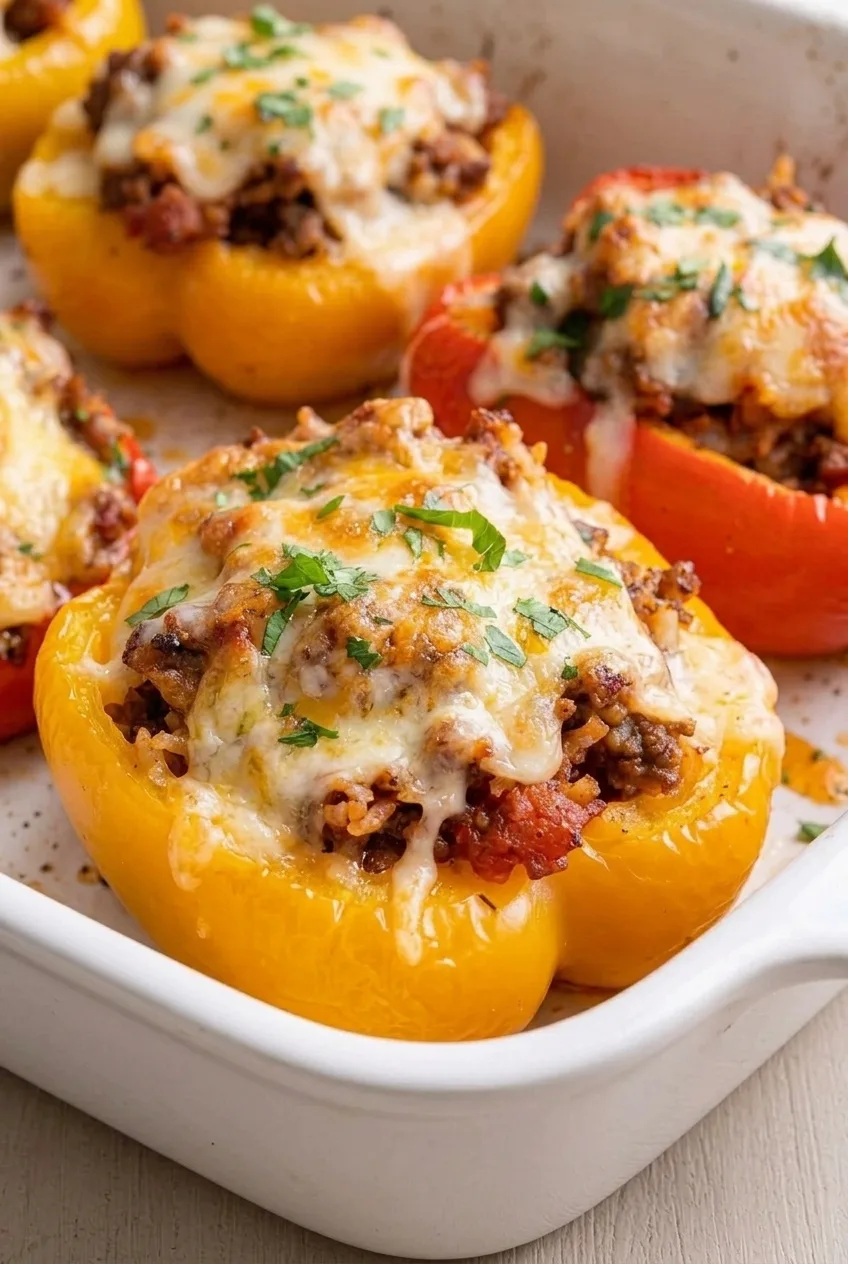 Close view of ground beef and rice filling beneath browned melted cheese on a parsley-topped pepper half