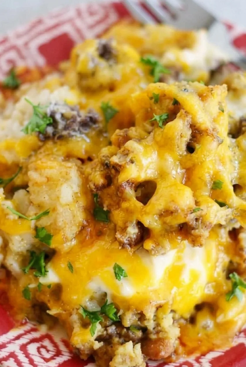 Close detail of melted cheddar, browned beef, potato pieces, creamy sauce, and parsley in tater tot casserole.